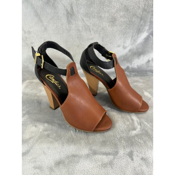 Candies Shoes Women's 6 Brown and black Peep Toe 4" Chunky Heels w/ ankle strap - Picture 16 of 16